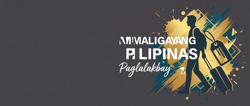 Philippines travel banner traveler luggage Tagalog Maligayang Paglalakbay text gold abstract artistic graphic background for tourism, vacation, OFW arrival, and happy journey concept with copy space