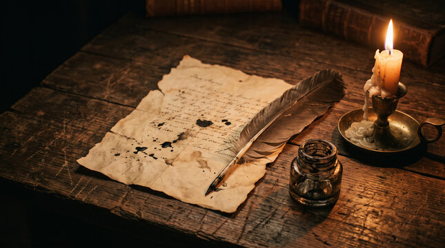 Vintage feather quill lying on aged parchment manuscript next to inkwell and burning candle on wooden table