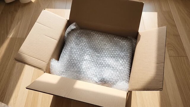 Open cardboard box with bubble wrap on wooden floor