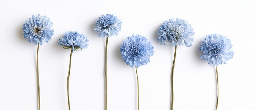 Set of dried pale blue Scabiosa pincushion flowers, delicate flat lay, isolated on pure white background