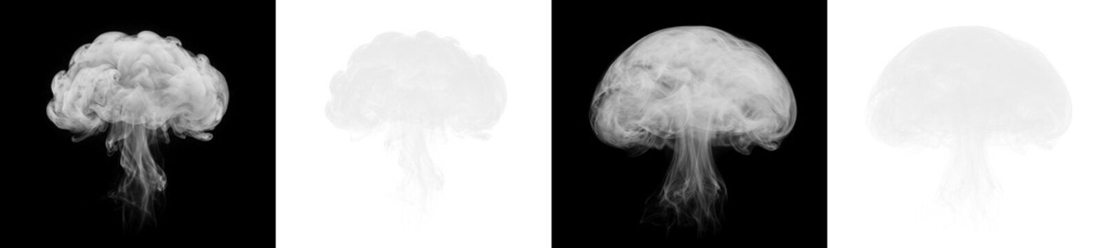 Set of white smoke explosions shaped like mushroom cloud on black and transparent background