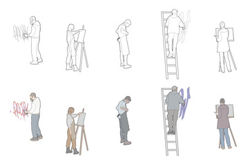 PPL-011_Artists at Work with Easels, Mural Painting and Spray Art Vector Set © Ellarosemaria