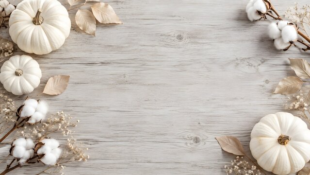 Neutral autumn flat lay with white pumpkins and cotton stems on grey wood