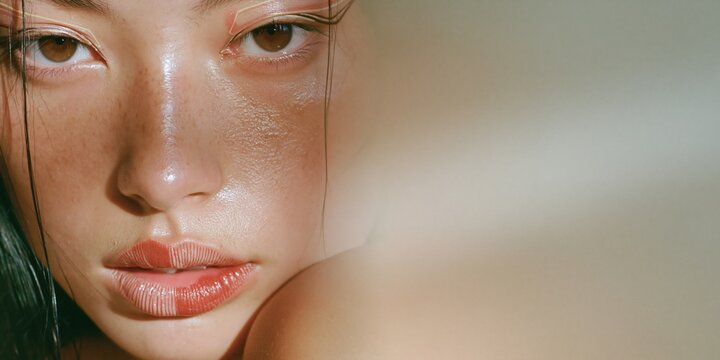 Intimate close-up portrait of a woman with luminous skin glossy lips and delicate graphic eyeliner framed by loose hair strands in warm soft light Reflection of understated beauty