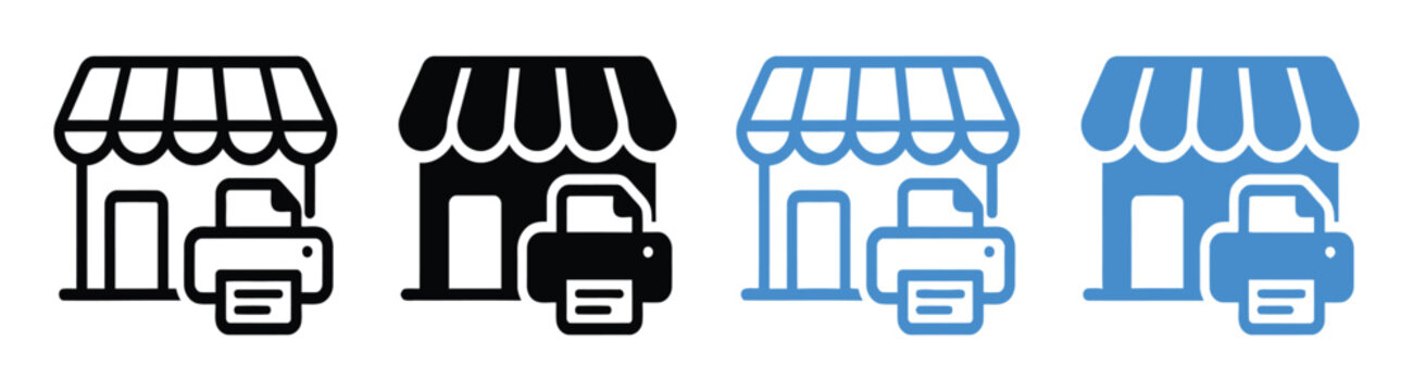 Print shop vector icon set featuring store buildings and printers with documents in black and blue colors