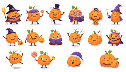 Fototapeta premium Cute cartoon halloween pumpkin characters showing diverse fun expressions.