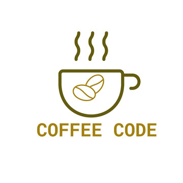 Modern golden coffee code logo template with cup and bean icon on transparent background