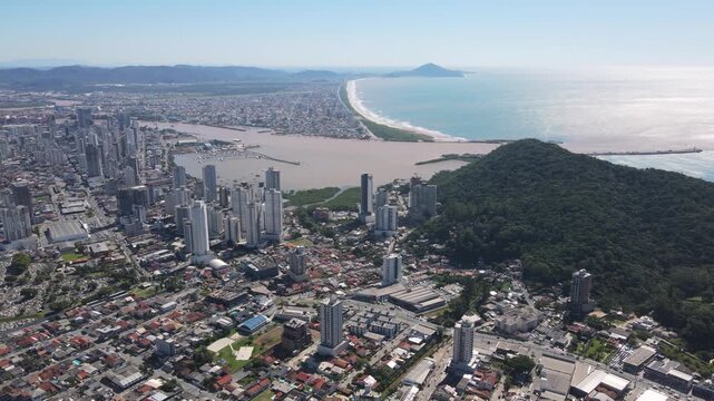Itajai city and river with Navegantes coastline aerial view