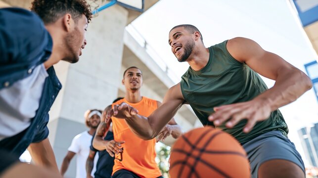 Group of athletic men engaged in a competitive game of street basketball, emphasizing their dribbling skills as they play outdoors