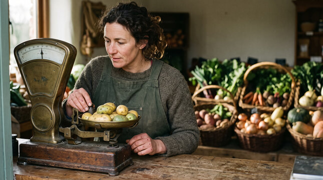 Female farmer weighing fresh organic potatoes on vintage scale at local market shop counter. Concept of worker, vegetables, trade, market worker, weighs vegetables, farm shop.