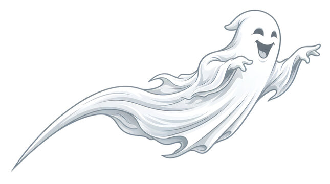 Friendly cartoon ghost floating cheerfully with waving hand isolated on transparent background
