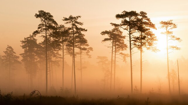Pine trees stand silhouetted against a golden sunrise in a misty forest, creating a tranquil and atmospheric natural scene