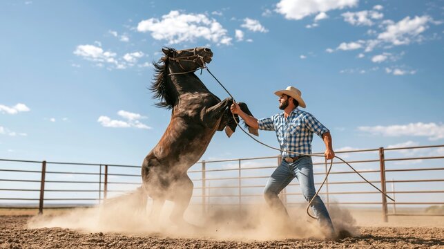 Cowboy holding a rope, skillfully managing a powerful horse standing on its hind legs inside a round pen on a sunny day