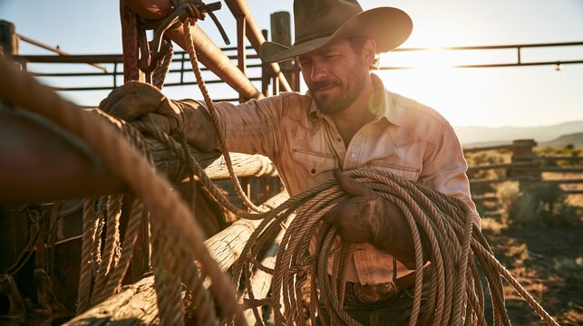 Cowboy handling ropes over a wooden corral, sun setting in background, showcasing rural work and authentic western living