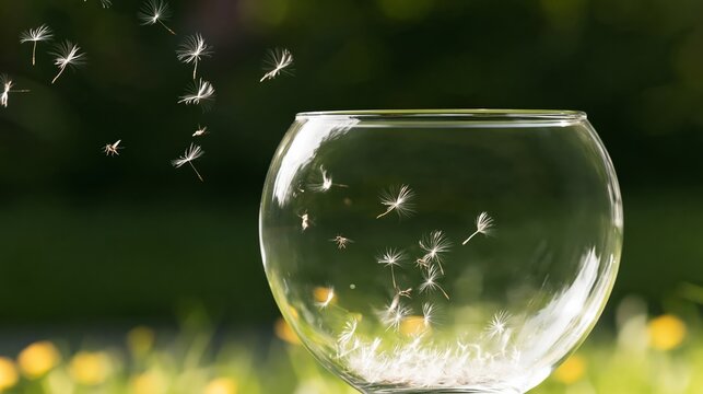 Dandelion seeds gently floating into a glass bowl, with a tiny insect also present, against a soft green natural backdrop