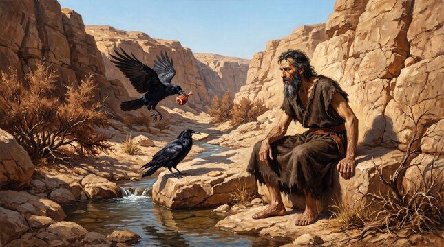 Ravens bring bread and meat to the prophet Elijah at the brook Cherith, oil painting of the Old Testament story