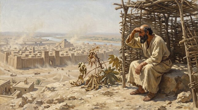 The prophet Jonah sits in his booth on the hill overlooking Nineveh, oil painting of the Old Testament story