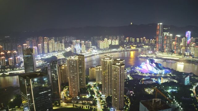  drone light show over the skyline of Chongqing cyberpunk city 