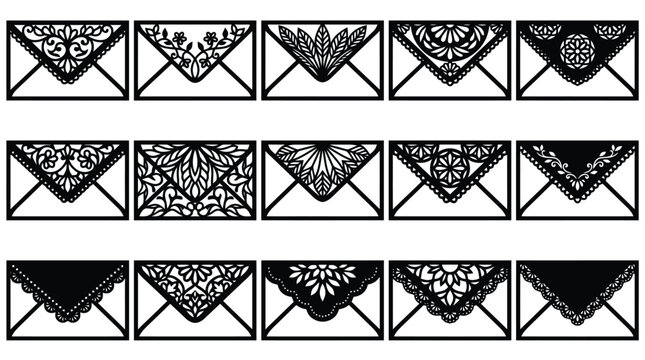 Ornate Lace Envelope Laser Cut Vector Templates, Decorative Wedding Mail Elements, Black Lace Pocket Envelope SVG Cut Files Set