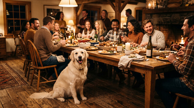 A golden retriever sits by a festive dinner table laden with food, symbolizing companionship and joy during a holiday gathering