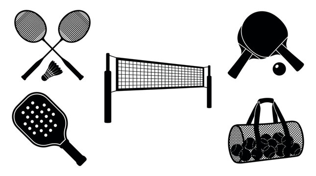 Set of Tennis and Badminton Sport Icons with Players, Rackets, Balls, Shuttlecocks, Nets and Sports Equipment in Vector Illustration Style
