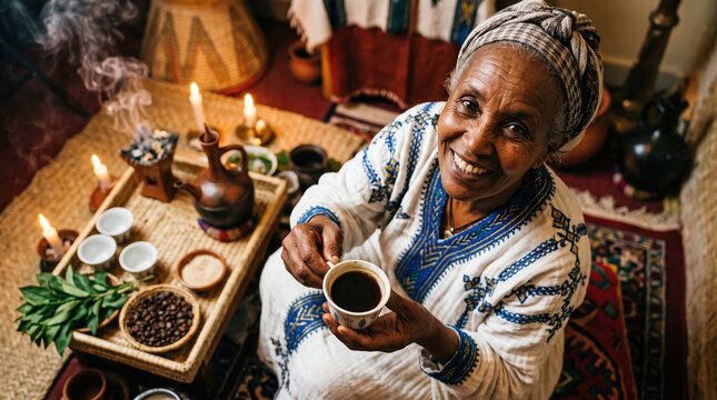 African woman serves traditional coffee