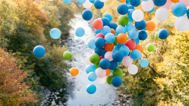 Colorful balloons floating over river during autumn, celebrating freedom and environmental awareness