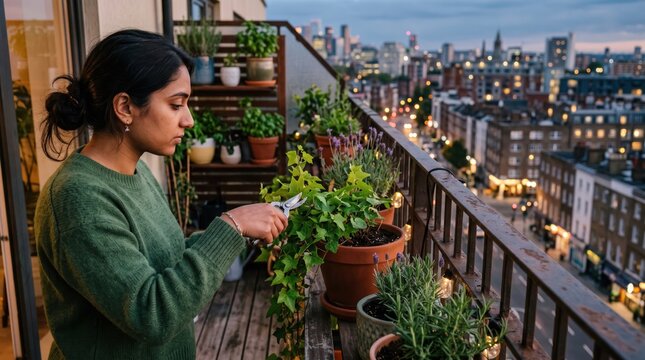 Woman tending plants on urban balcony
