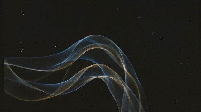 Abstract ethereal smoke waves flowing on dark background with minimal grainy texture. Concept of oled, wallpaper, black, ribbons, gradient, black wallpaper. Copy space.