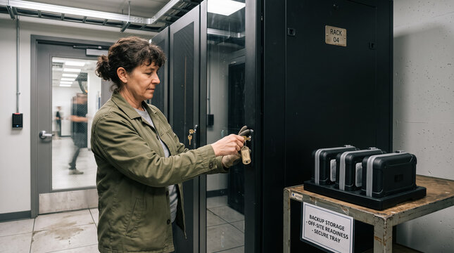 Mature female IT technician unlocks secure server rack in data center room. Concept of locks, cybersecurity, security, network engineer. Copy space.