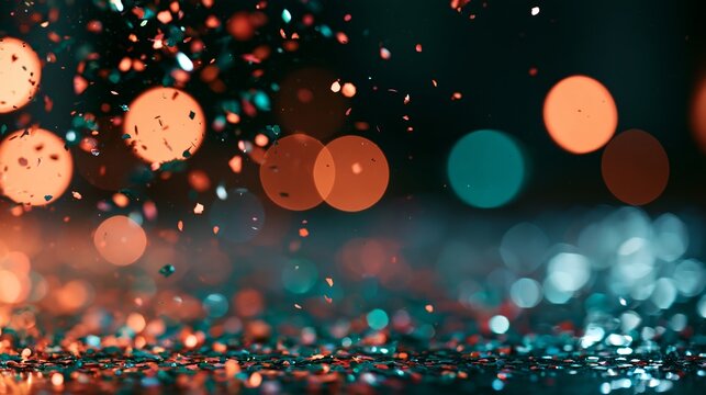 Colorful confetti pieces falling, creating a festive party background with orange and teal bokeh lights