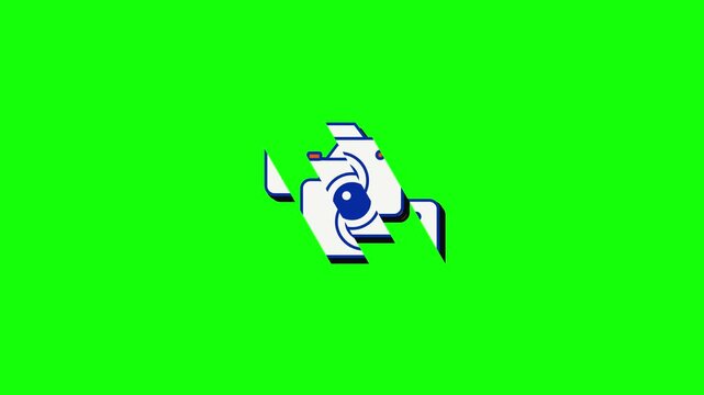 Animated camera icon spinning and folding on green screen background