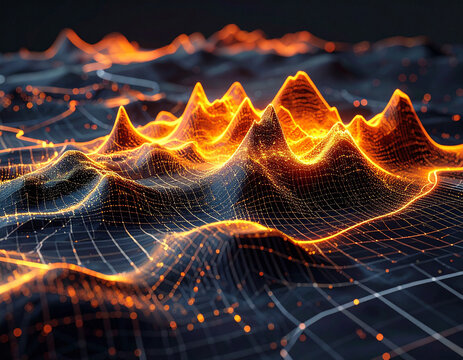 A glowing 3D wireframe landscape illuminates a dark abyss in this abstract digital render, symbolizing innovation and data complexity. Nobody present. Ideal for tech, AI, and science concepts.