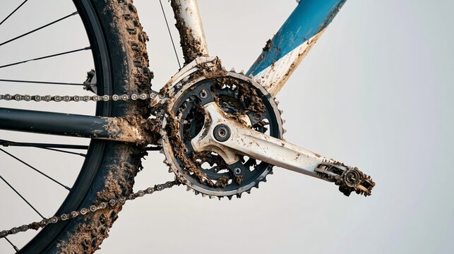 Muddy bicycle drivetrain with chain, crankset, and pedal, symbolizing challenging off road adventure and endurance