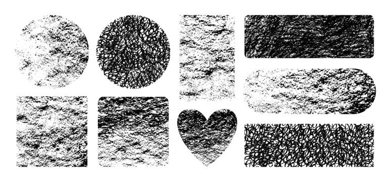 Grunge grainy noise texture set. Black ink stamp geometric shapes, rough dirt stipple, doodle drawings grains forms and hand drawn chalk sticker boxes. Abstract scribble pattern for badge text design