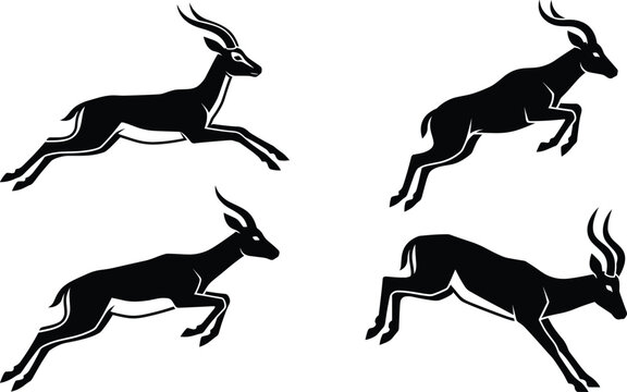 Jumping Antelope Silhouette Set Running Gazelle Vector Isolated on White Background.