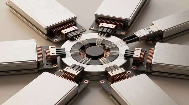 Modular electronic components arranged in circular symmetry featuring metallic brushed surfaces and intricate fiber optic connections for modern computing systems