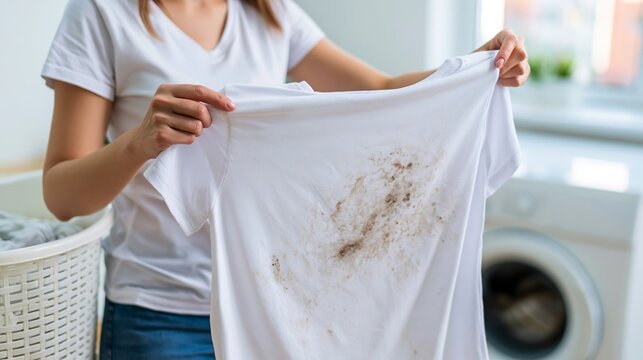 Person holding stained white t shirt, showing dirt and a challenging laundry chore at home