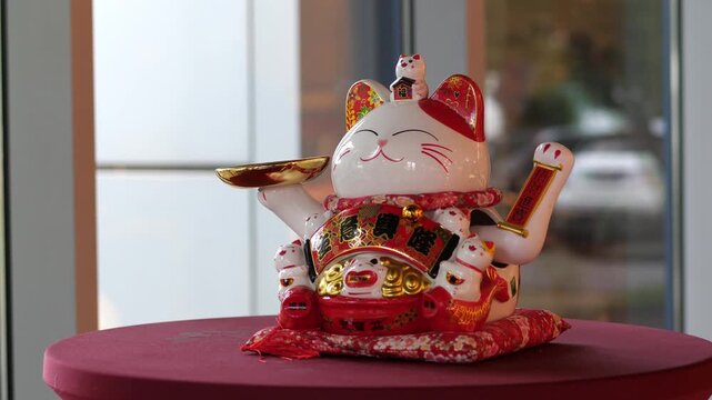 Lucky Beckoning Cat Maneki Neko Statue | Japanese Chinese Fortune Cat Ornament with Gold Ingot and Red Cushion