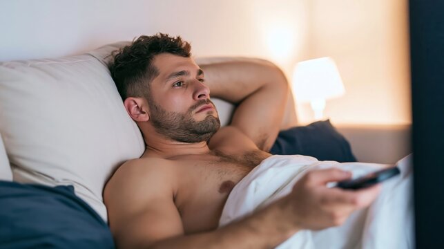 Man feeling lonely watching television at night, bored and apathetic expression, home entertainment