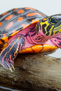 A turtle sits on top of a log in calm waters, perfect for nature or outdoor themed projects. vertical frame