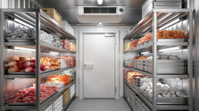 Restaurant cold storage keeps vegetables, meat and ingredients refrigerated on metal shelves with an industrial cooling system for safe food preservation.