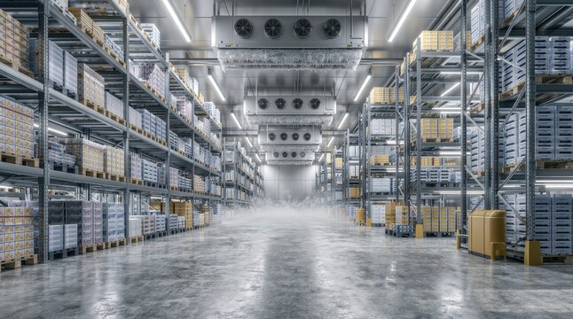 Cold storage warehouse, refrigerated goods are stored on industrial racks under powerful cooling units maintaining low temperatures for safe preservation.