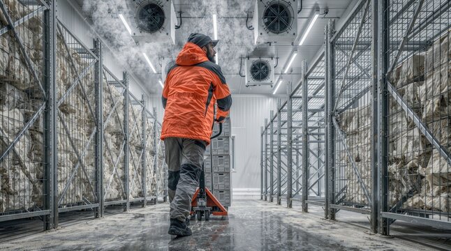 Cold storage warehouse, worker transports refrigerated goods with a pallet truck between racks while industrial cooling systems maintain low temperature.