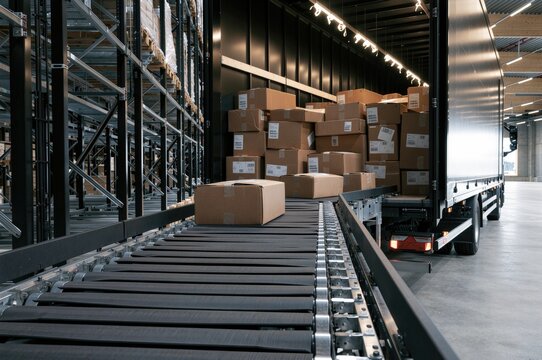 Warehouse logistics, cardboard parcels are transferred from an automated conveyor directly into a delivery truck for fast loading and distribution.