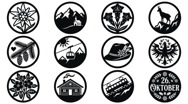 Austrian alpine icons set, 12 black and white mountain symbols, traditional edelweiss and chalet vector illustrations, 26. Oktober national day graphics