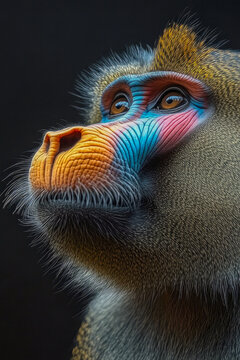 Close-up shot of a monkey's face against a black background. vertical frame
