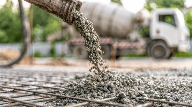 Concrete construction, fresh concrete is poured from a mixer truck onto steel reinforcement for building a strong reinforced foundation and floor slab.