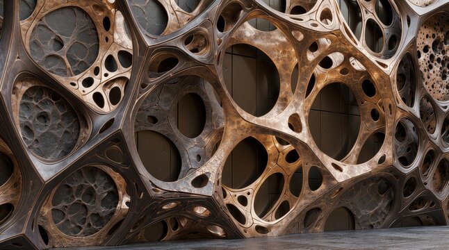 Architectural design, futuristic organic facade with complex perforated structural panels inspired by natural cellular forms and parametric geometry.