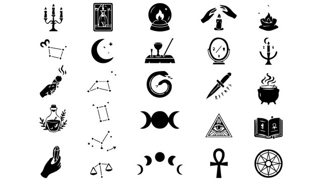 Set of black magic and witchcraft symbols and occult icons for mystic and spiritual design projects